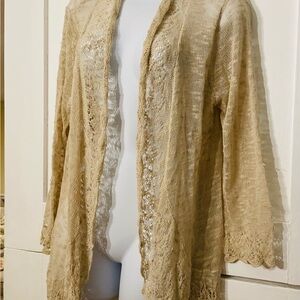 Tan Lace Detail Open Front Cardigan
